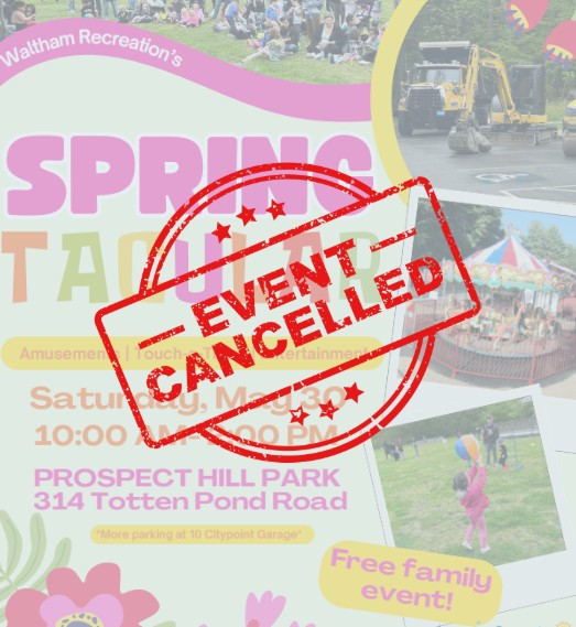 Spring themed flyer featuring 4 photos of a child playing with a ball, the Rec. Dept's Carousell, Public Works Vehicles, and children watching an entertainer