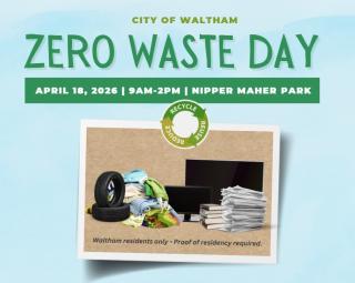 Blue gradient background with a graphic on top of various accepted items. Reads: Zero Waste Day April 18, 2026