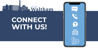 Blue graphic that reads "Connect with us". On the right hand side is a graphic of a cell phone with various connection icons